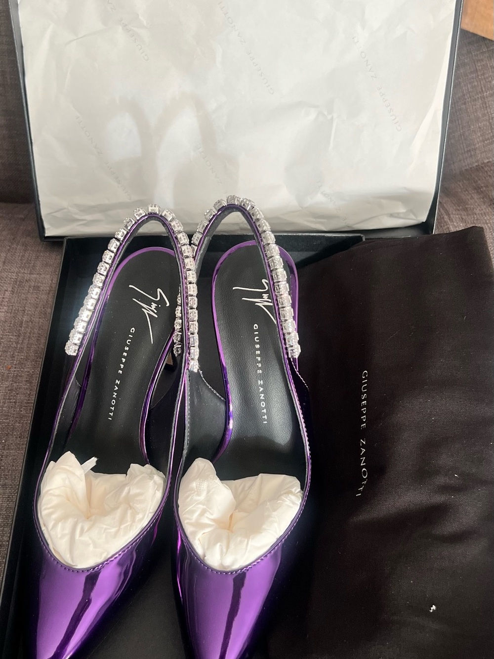 Giuseppe Zanotti Metallic Purple Pointed Slingback Pumps with Crystal Straps